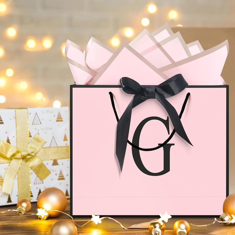 QLSKO Personalized Initial Paper Bag for Women Grils,Monogrammed Gift Bag with Bow Ribbon,Wrapping Tissue and Card Matching Envelope Sticker (Pink, G-Medium) - Image 4